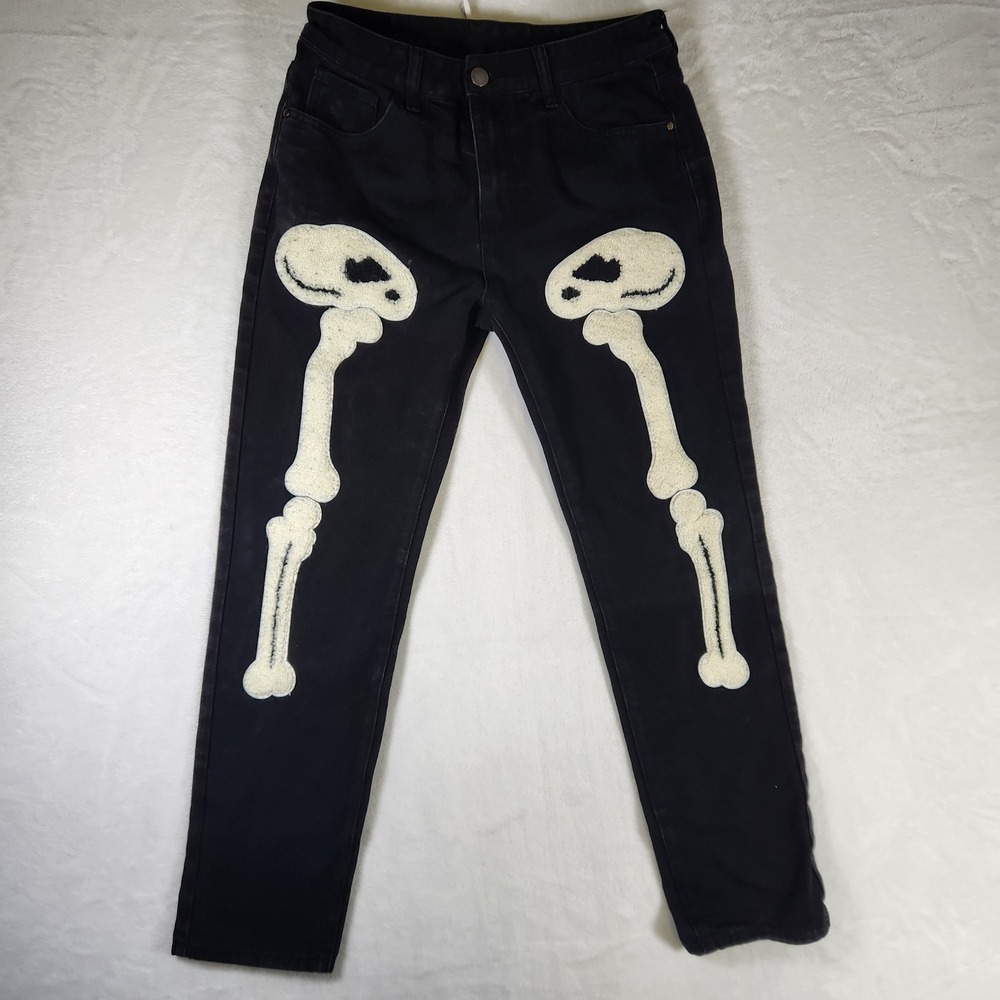 Mens Black Skeleton Bone‎ Applique Jeans Punk Rock Slim Fit Size 32